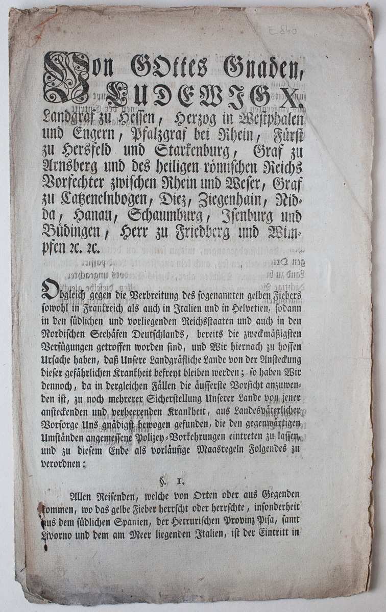 1804 Hessische Verordnung (page 1) – Yellow fever